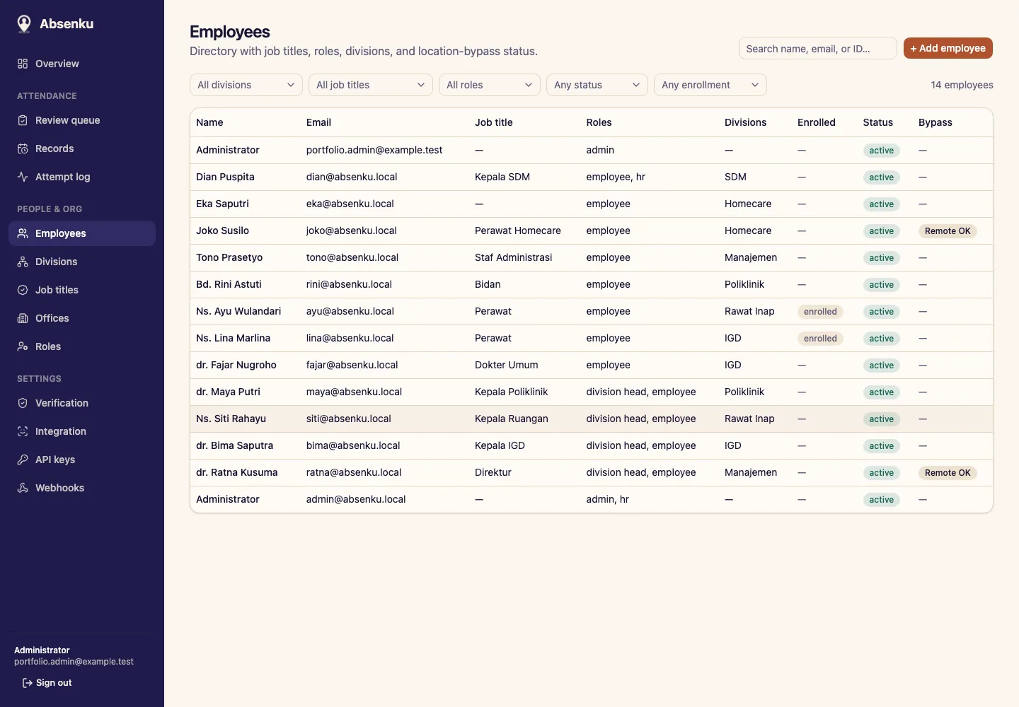 Absenku employee directory showing roles, divisions, enrollment state, account status, and location-bypass status.
