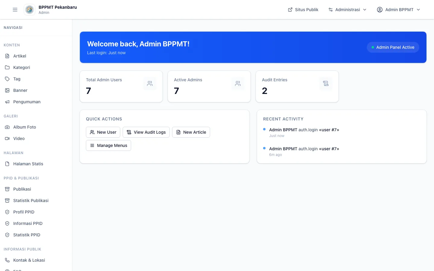 BPPMT Pekanbaru CMS dashboard with admin navigation, activity summary, quick actions, and recent activity.