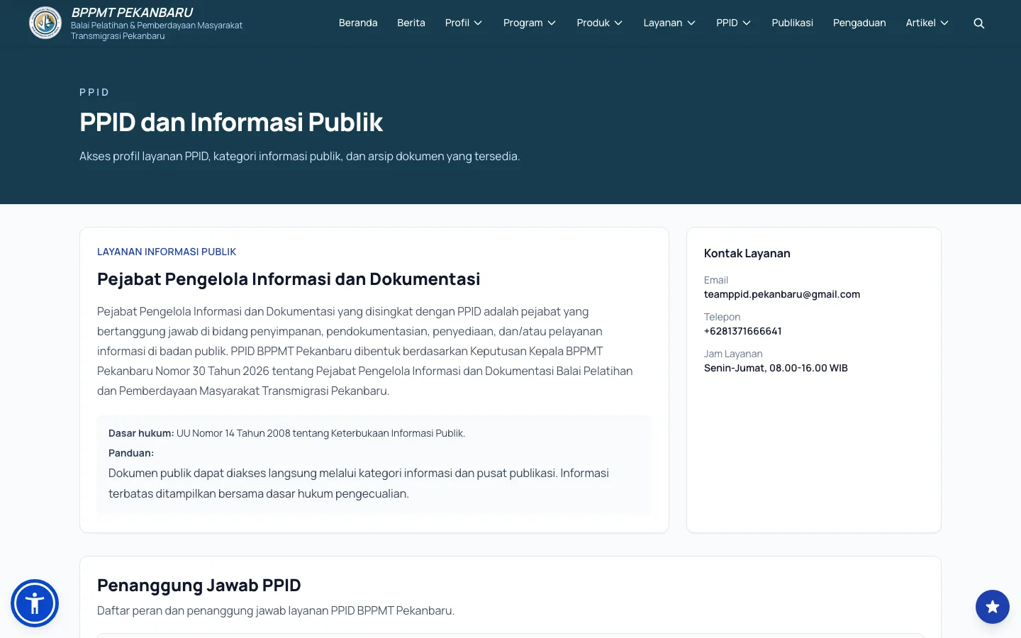 BPPMT Pekanbaru PPID page showing public-information guidance, service contact details, and document access context.