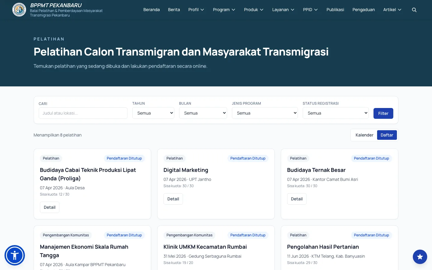BPPMT Pekanbaru training listing with search, year, month, program-type, and registration-status filters.