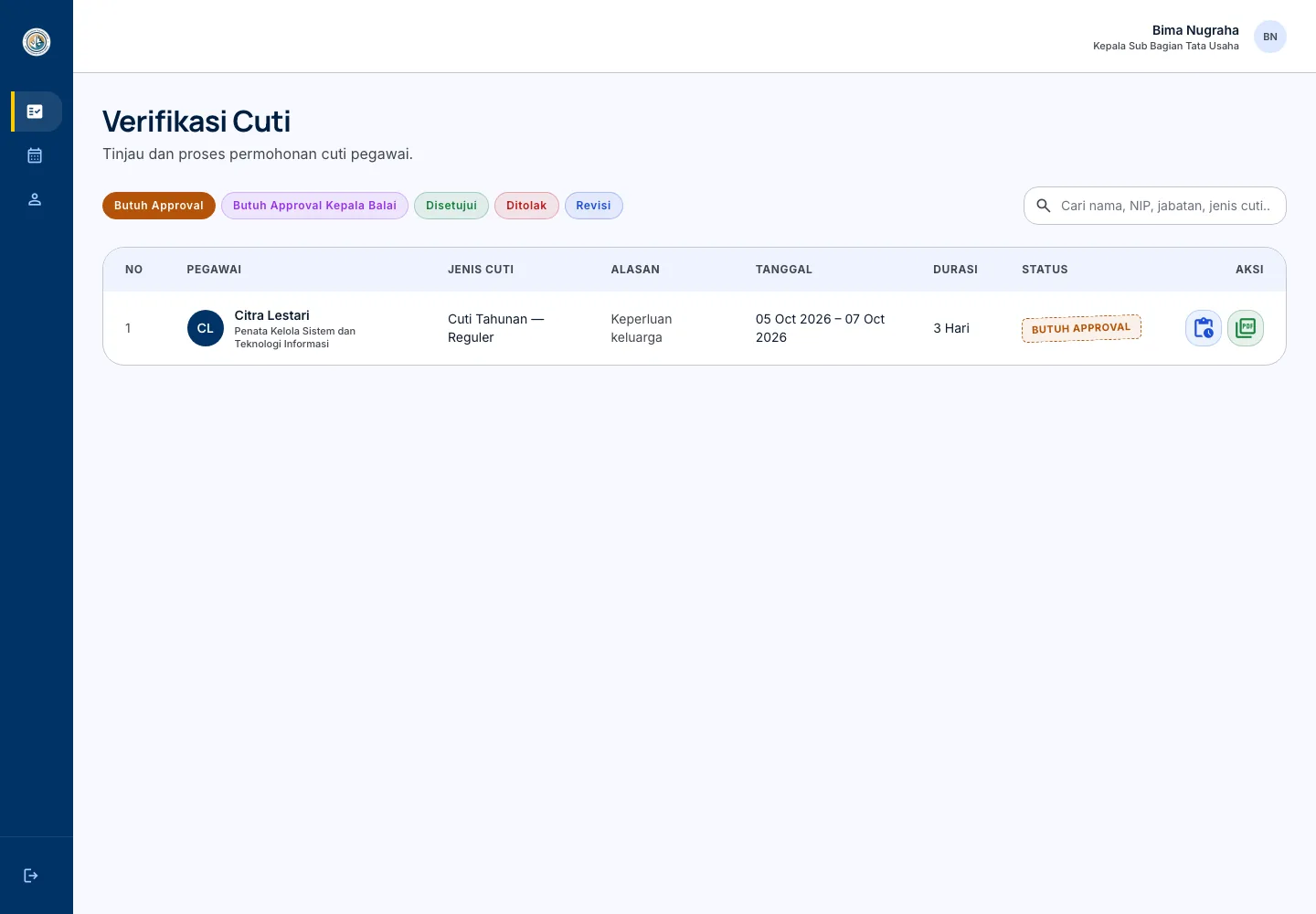 e-Cuti supervisor verification queue with a fictional employee request, leave dates, duration, status stamp, and drill-in actions.