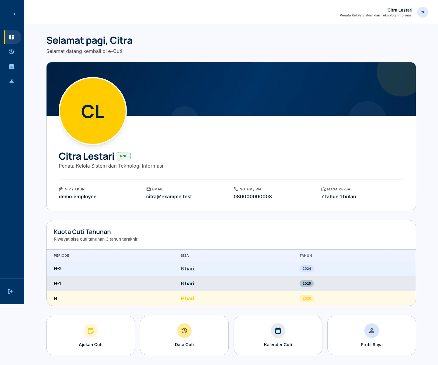 e-Cuti employee dashboard with a fictional employee profile, annual leave quota history, and shortcuts into the core tasks.