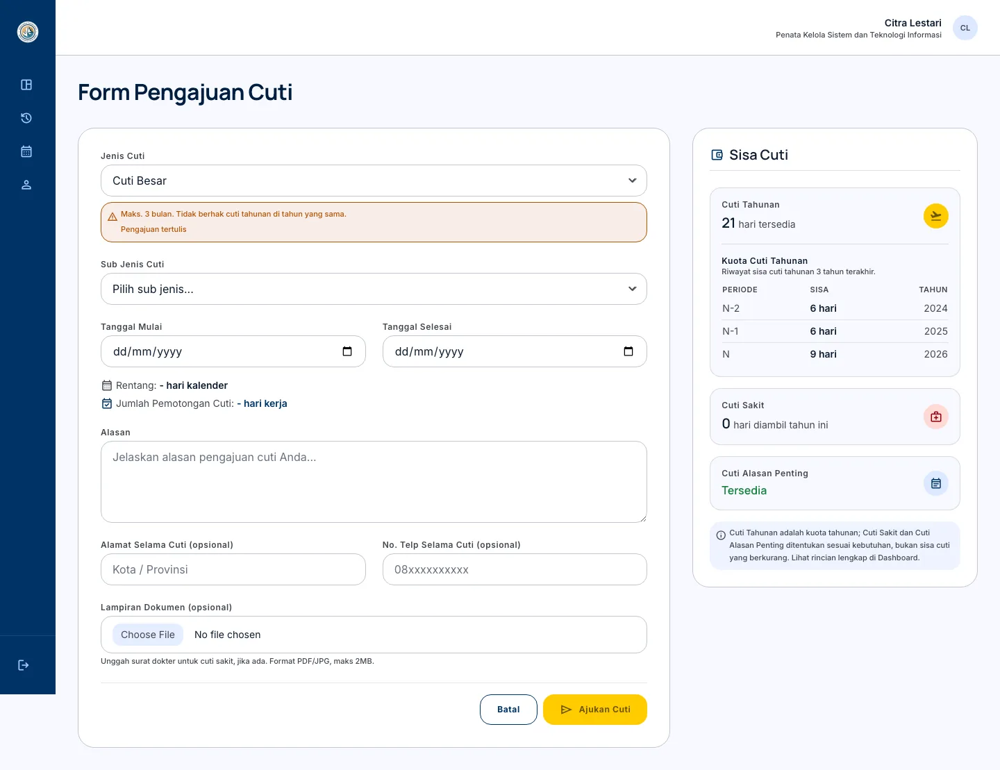 e-Cuti leave-request form with leave-type rules, quota availability, date fields, reason, and optional supporting document upload.