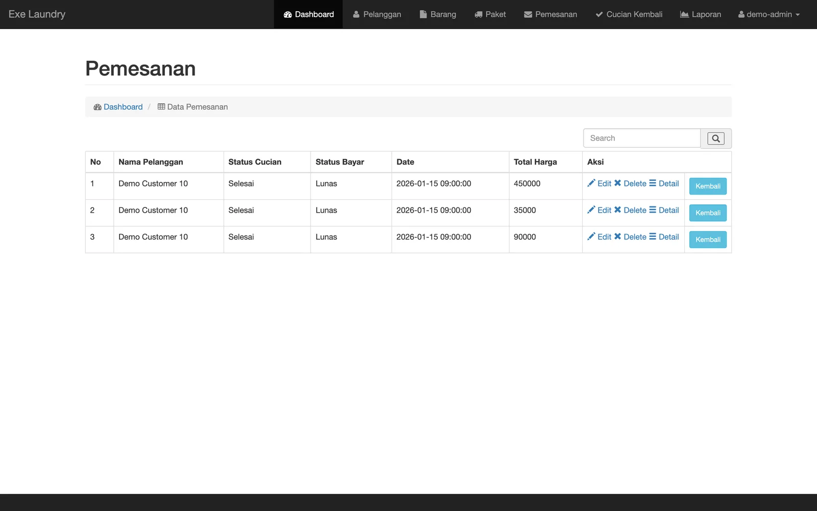 Staff order-processing table showing synthetic customers, cleaning status, payment status, dates, and totals.