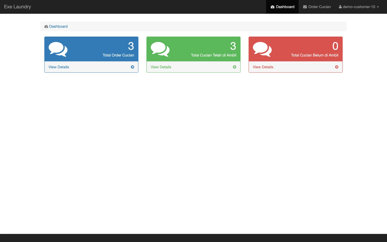Customer dashboard showing total orders, collected laundry, and laundry waiting for collection.