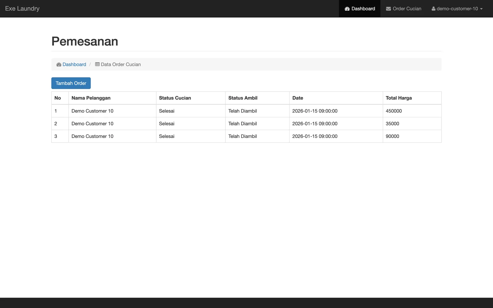 Customer order history showing cleaning status, pickup status, dates, and totals.