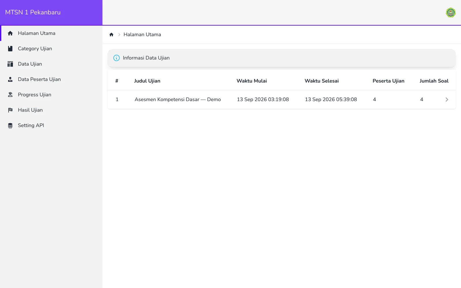 Staff dashboard showing an active examination, schedule, participant count, and question count.