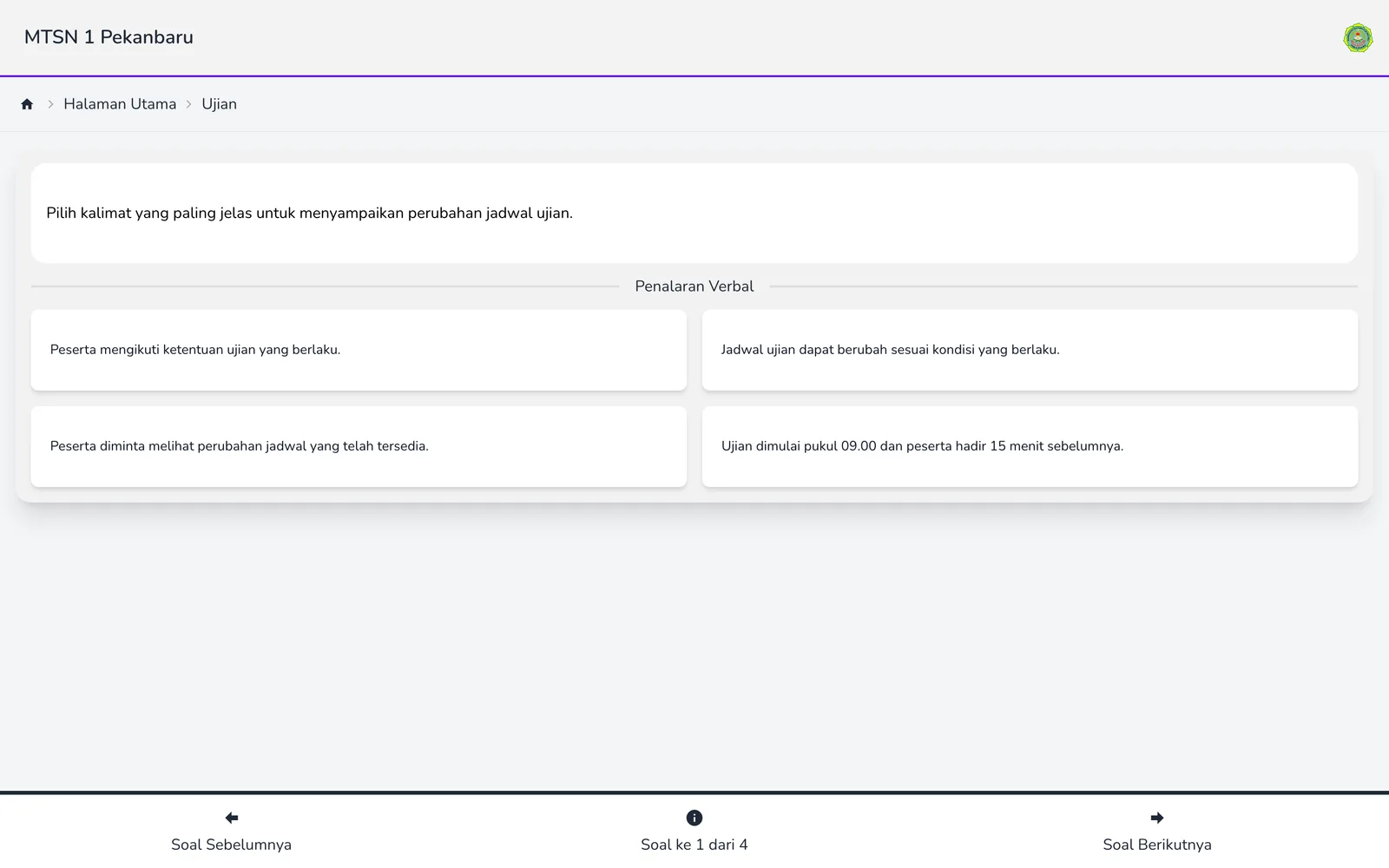 Student testing screen showing a timed multiple-choice exam with four answer options.
