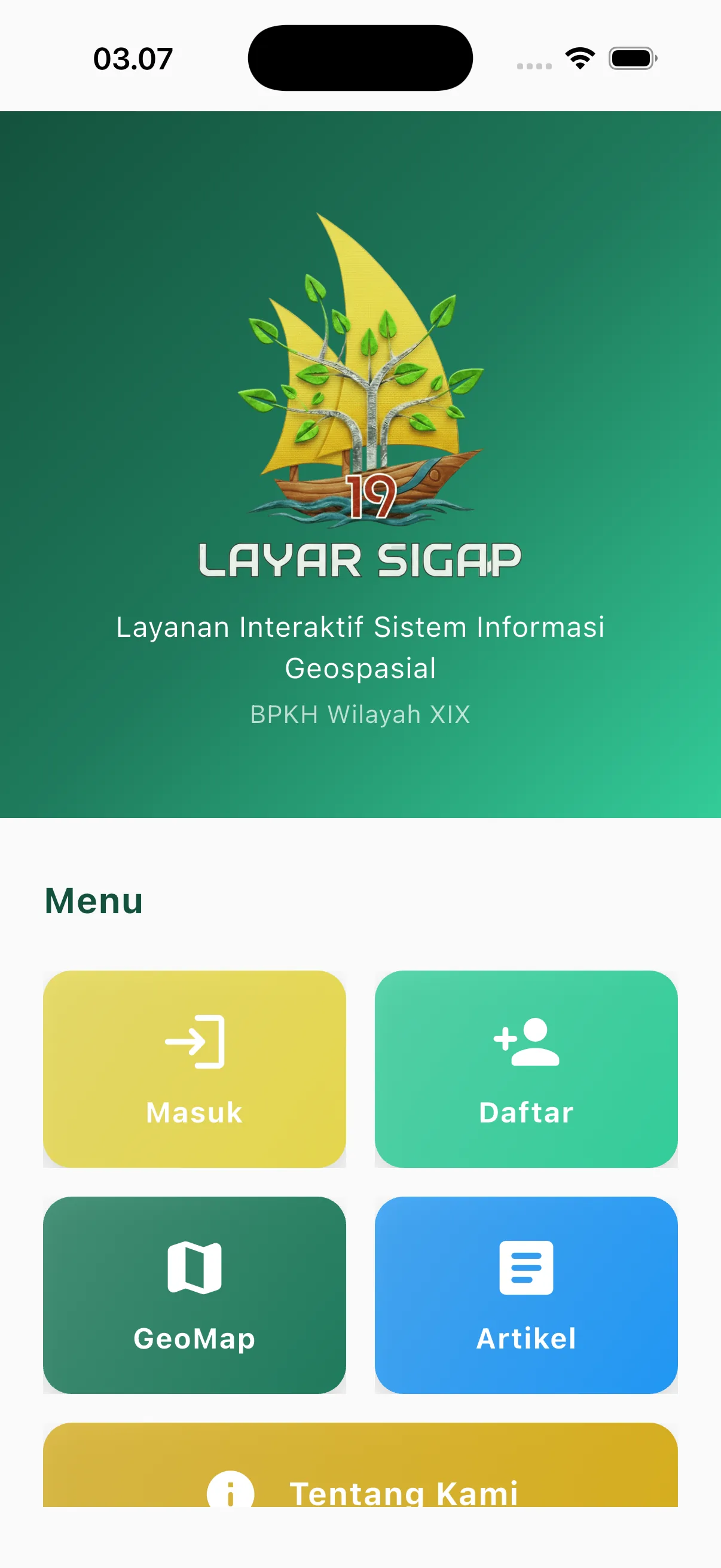 Layar Sigap 19 mobile app home screen with its real branding and synthetic sample content.