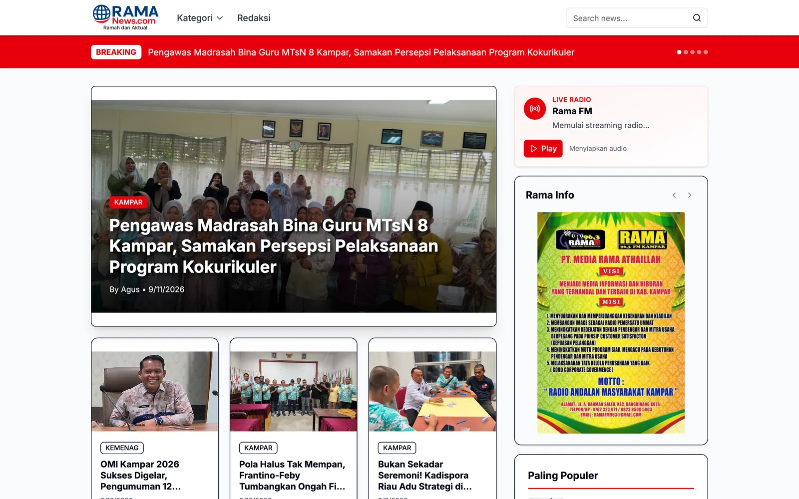 RamaFM News homepage with a breaking-news ticker, featured story, article cards, and live radio panel.